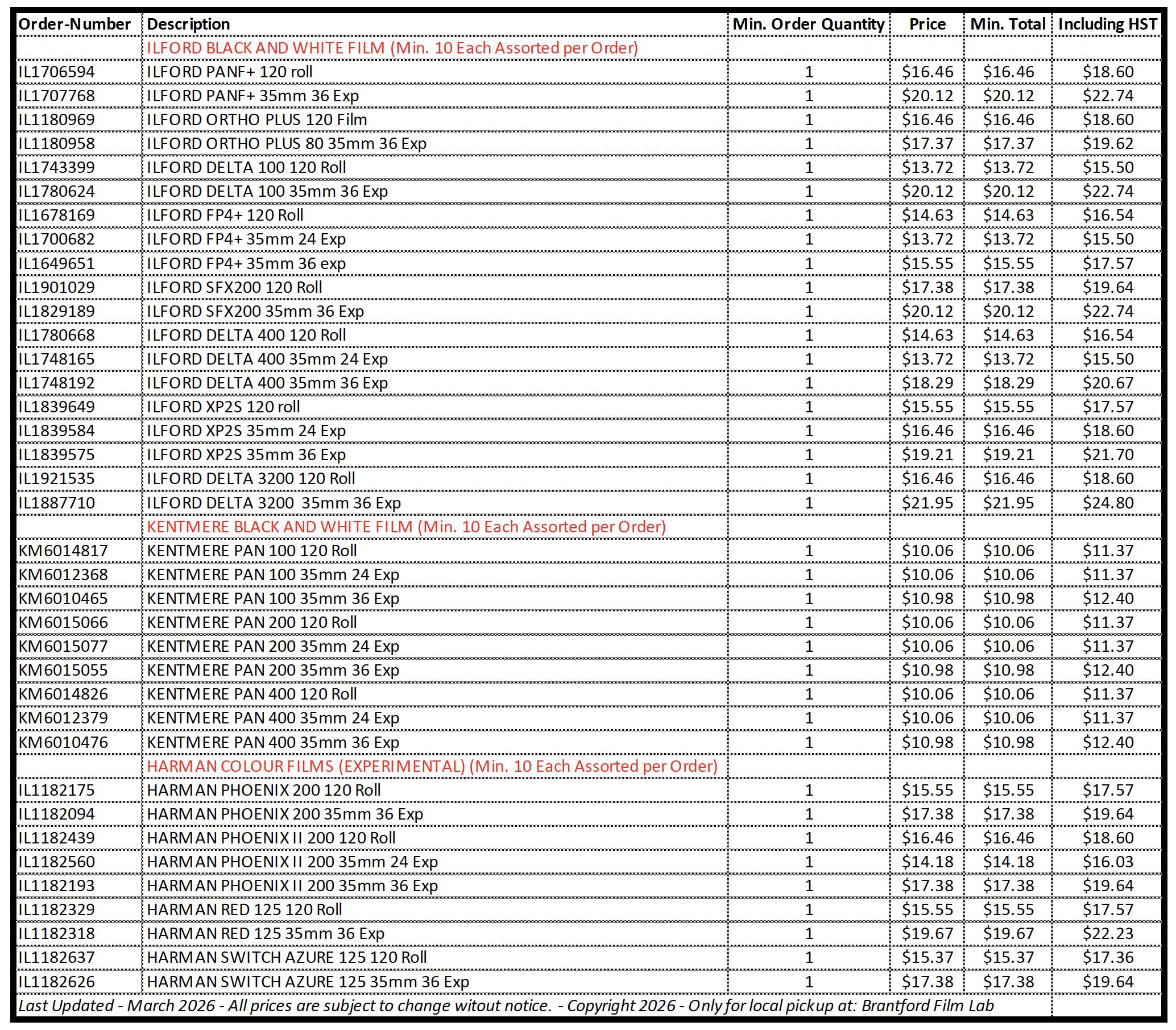 Brantford Ontario Film Lab - Ilford film bulk price list.