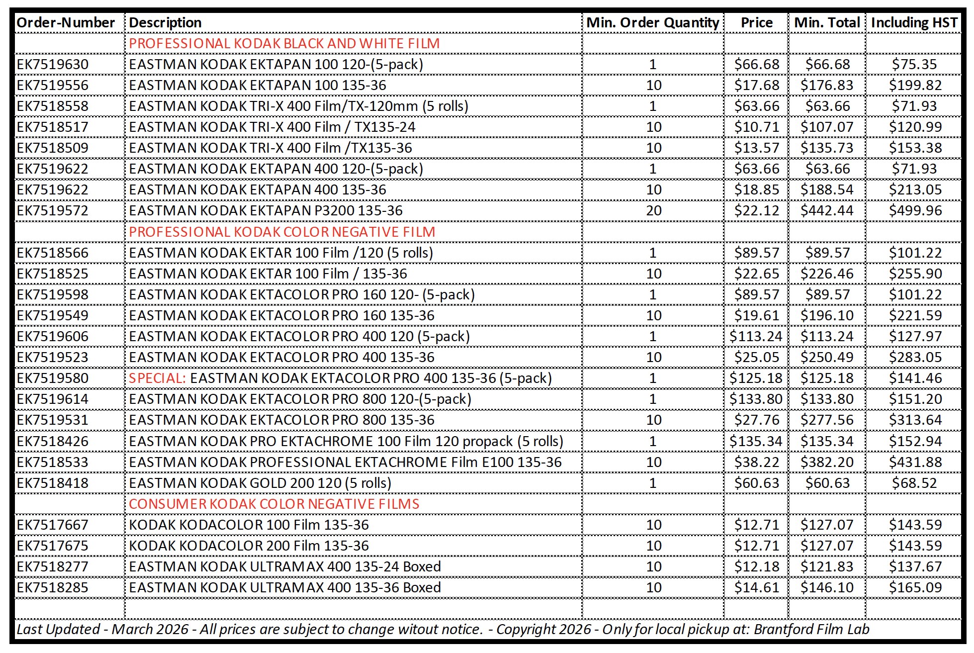 Brantford Ontario Film Lab - Kodak film bulk price list.